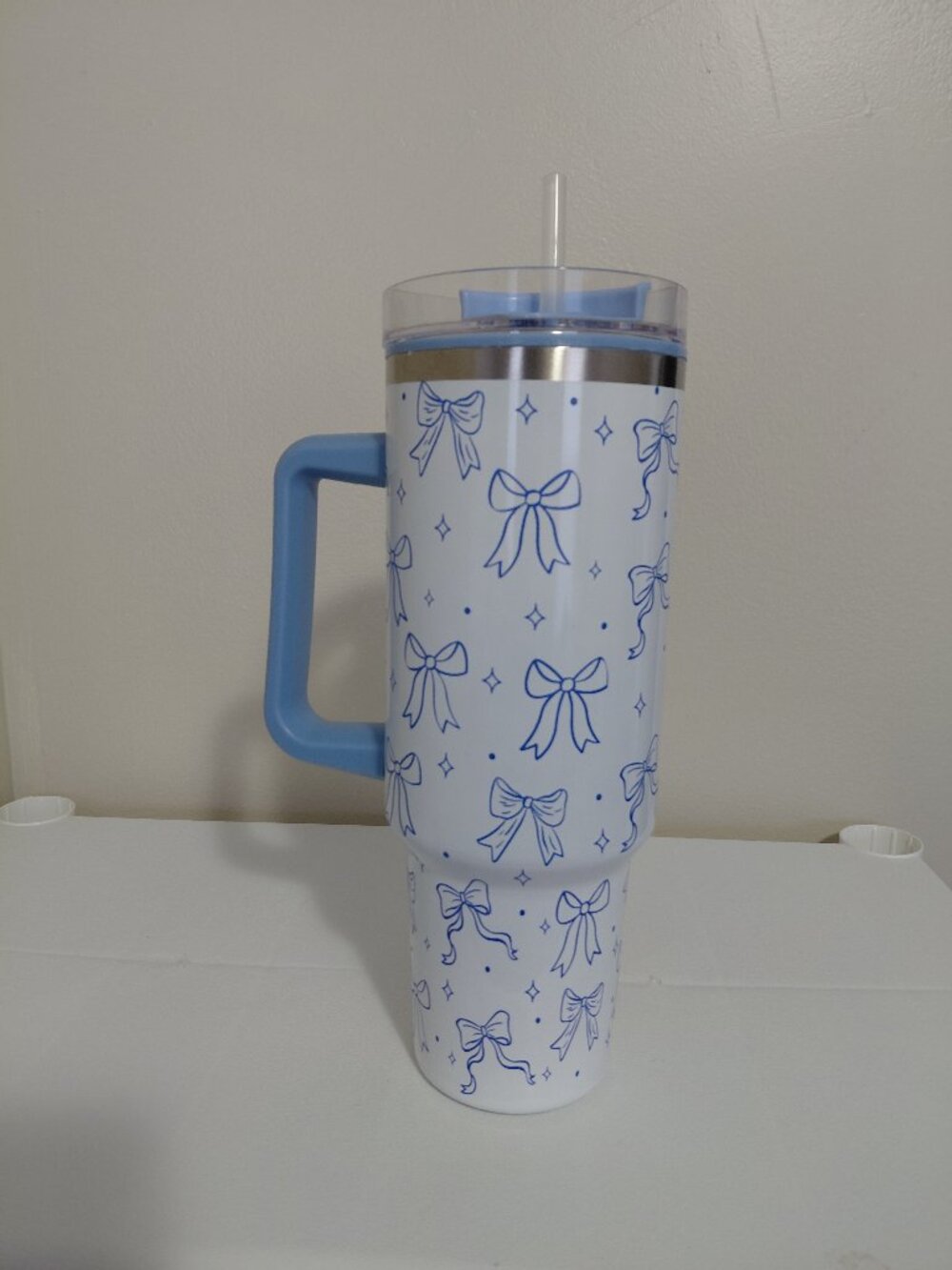 New White and Blue Bow Pattern Tumbler with Handle and Straw